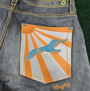 COOGI Rising Sun Jean Shorts Size 38  Denim Embroidered Y2K Vintage Australia